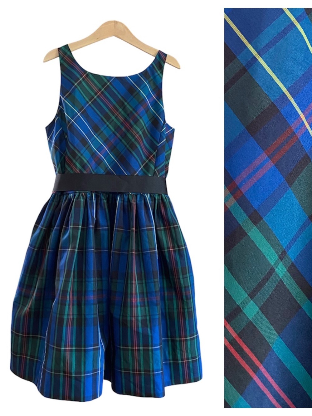 Polo Ralph Lauren Blue Green Tartan Plaid  Taffeta Fit & Flare Holiday Dress 12